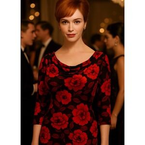 Womens Sz 16 Red Black Floral Ruched Sheath Bell Sleeve Cowl Neck Vtg Inspired